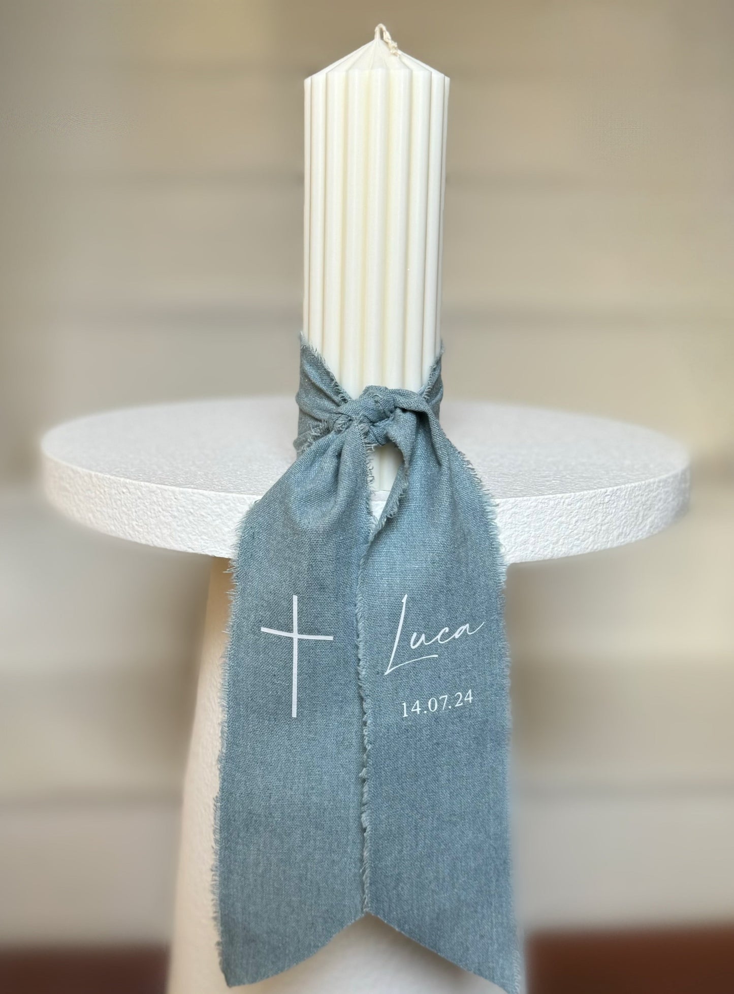 Personalised Catholic Baptism Candle - Circus Pillar Calico Ribbon