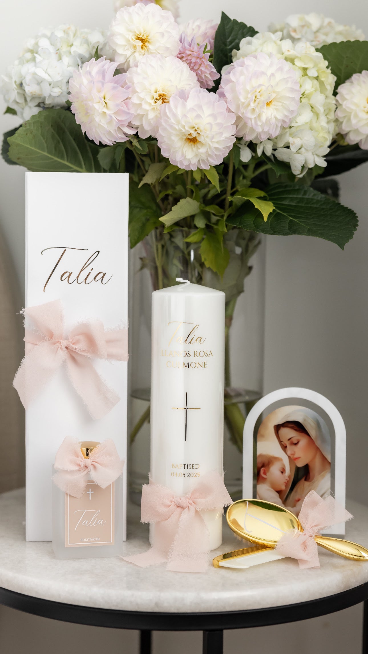 Tall Baptism Pillar Candle - Frayed Silk Ribbon