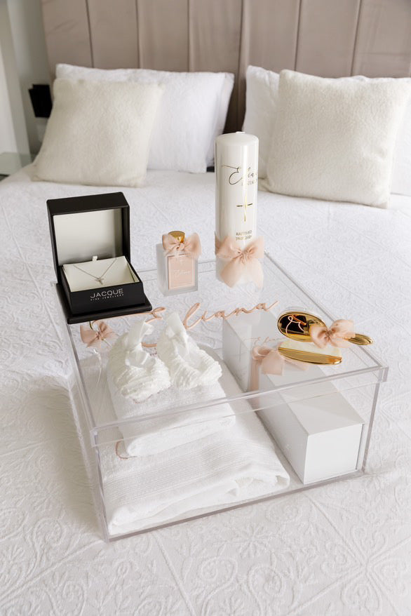 Tall Baptism Pillar Candle - Frayed Silk Ribbon