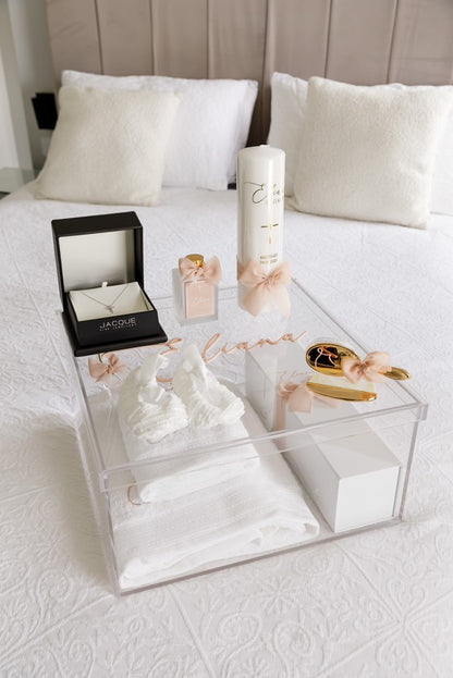 Tall Baptism Pillar Candle - Frayed Silk Ribbon