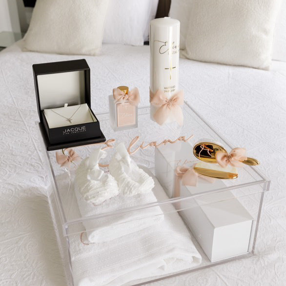 Tall Baptism Pillar Candle - Frayed Silk Ribbon