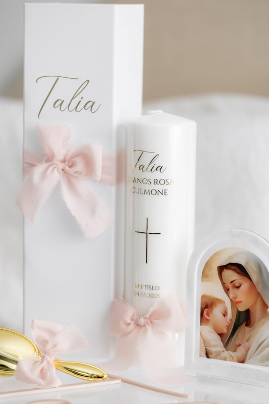 Tall Baptism Pillar Candle - Frayed Silk Ribbon