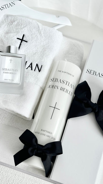 Tall Baptism Pillar Candle - Frayed Silk Ribbon