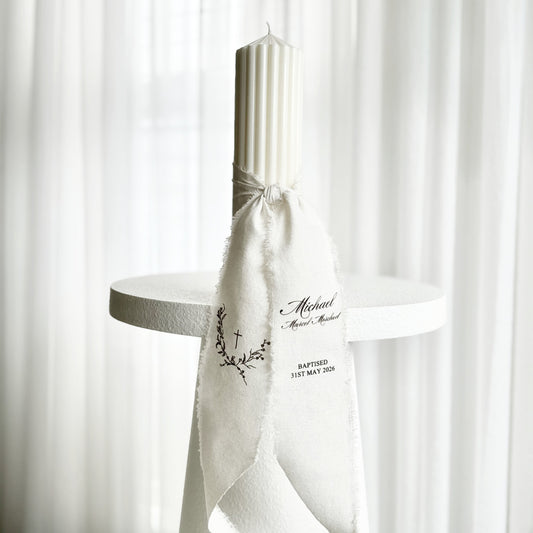 Personalised Catholic Baptism Candle - Circus Pillar Calico Ribbon