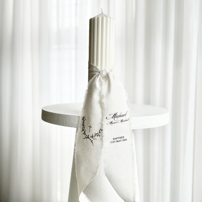 Personalised Catholic Baptism Candle - Circus Pillar Calico Ribbon