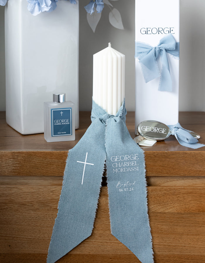 Personalised Catholic Baptism Candle - Circus Pillar Blue Calico Ribbon