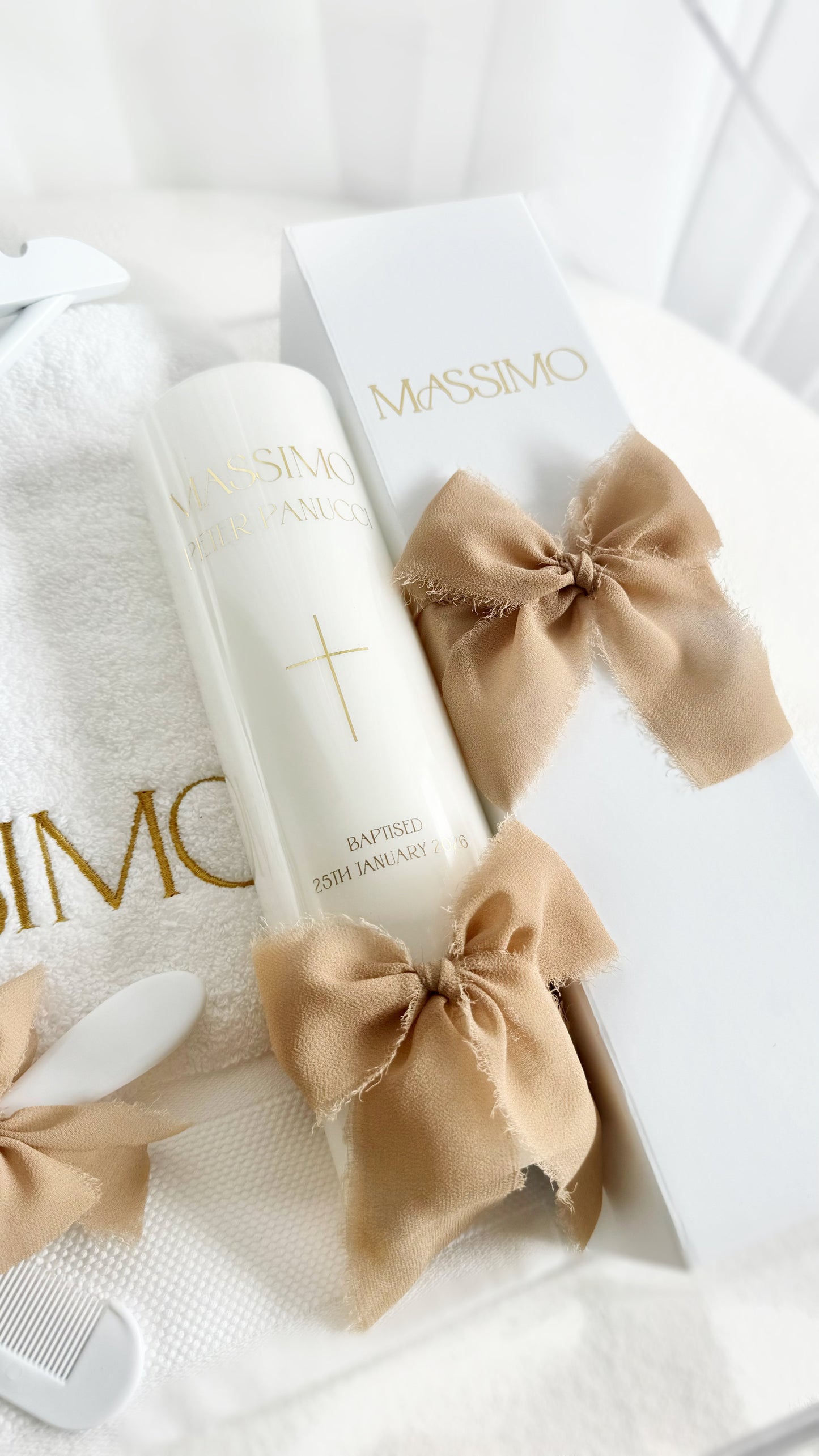 Tall Baptism Pillar Candle - Frayed Silk Ribbon