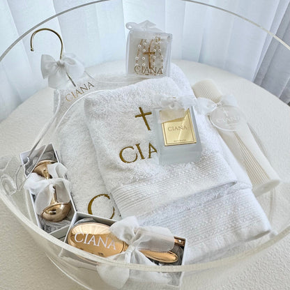 Round Catholic Christening Box Package - Acrylic Box Included