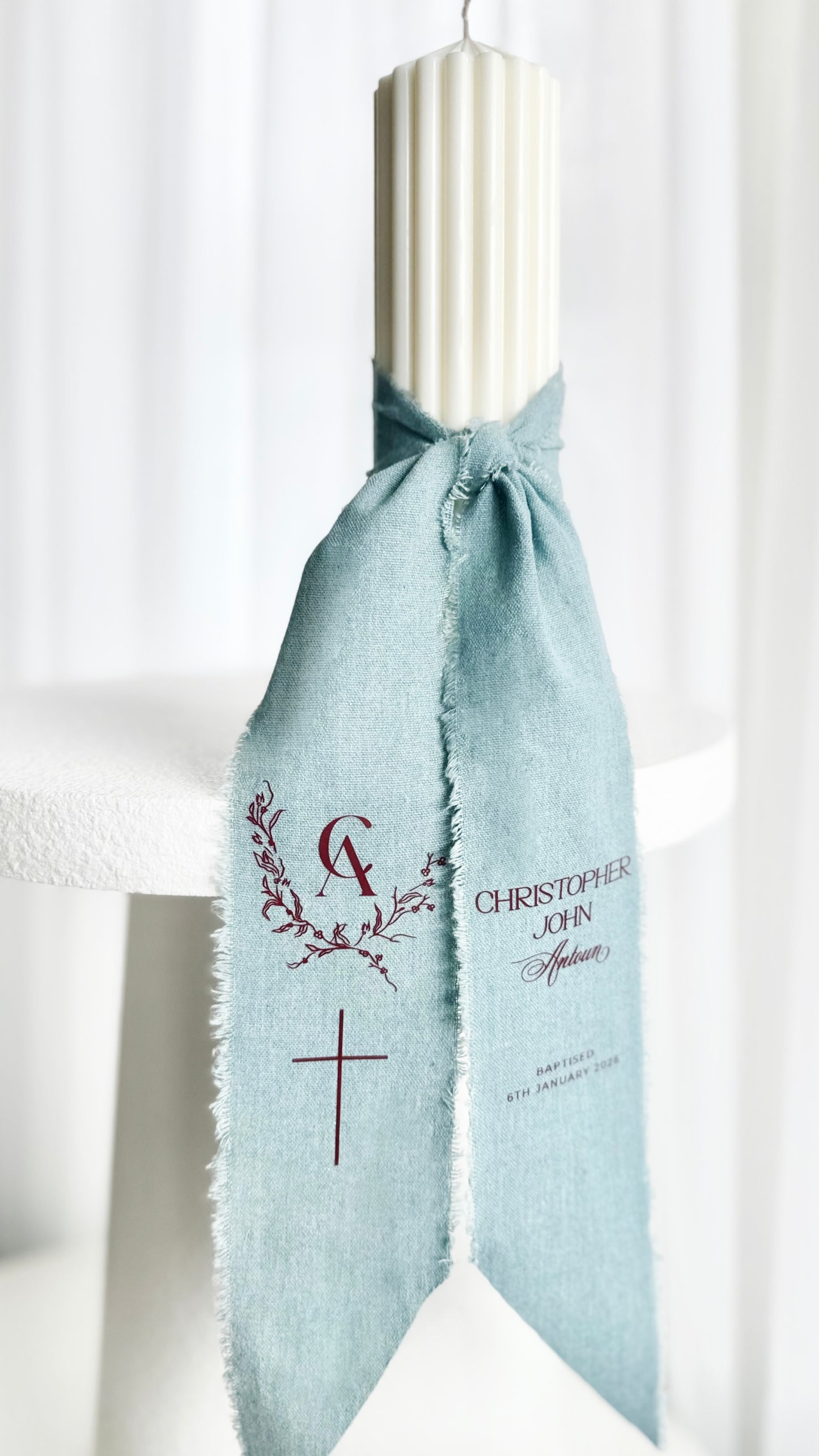 Personalised Catholic Baptism Candle - Circus Pillar Calico Ribbon