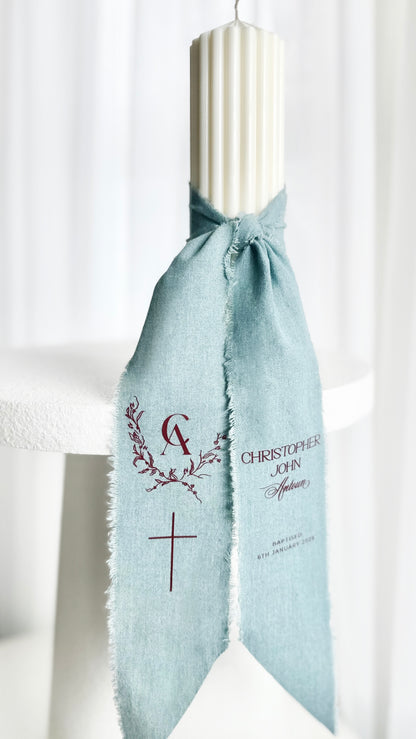 Personalised Catholic Baptism Candle - Circus Pillar Calico Ribbon