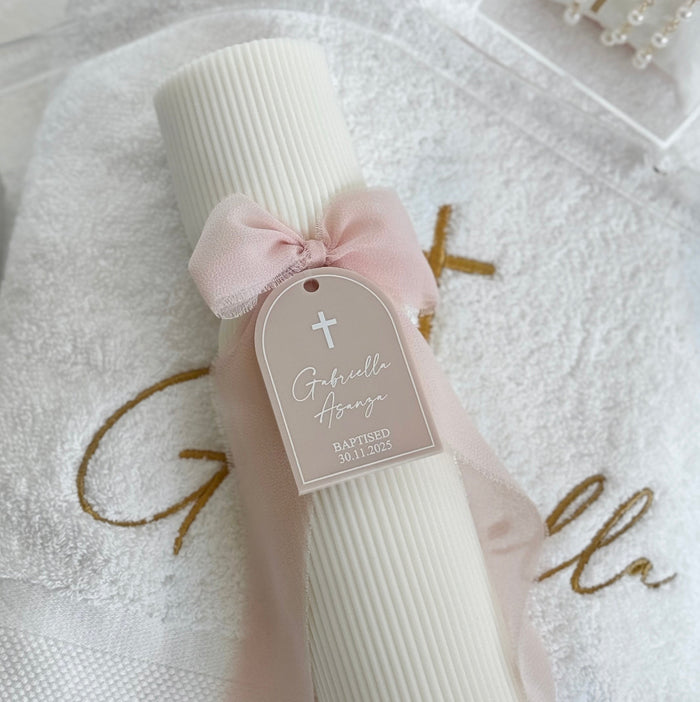 Personalised Catholic Baptism Candle - Hourglass with Acrylic Tag
