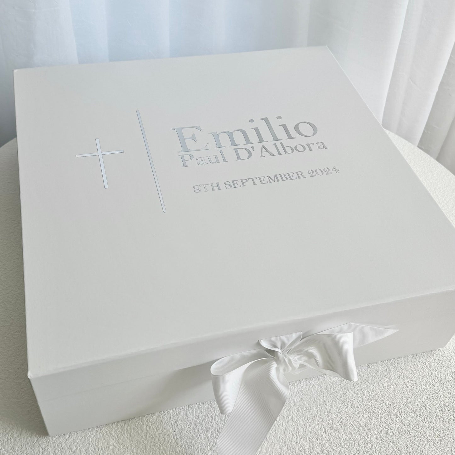 white cardboard magnetic christening box personalised