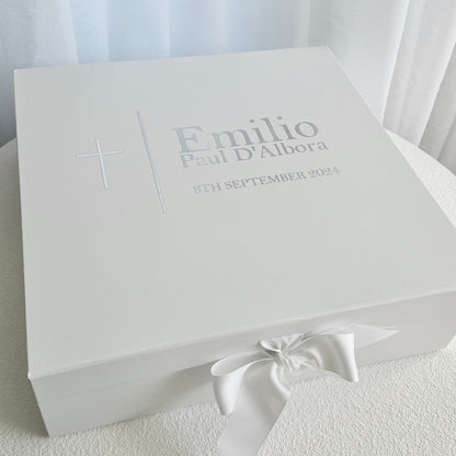 white cardboard magnetic christening box personalised